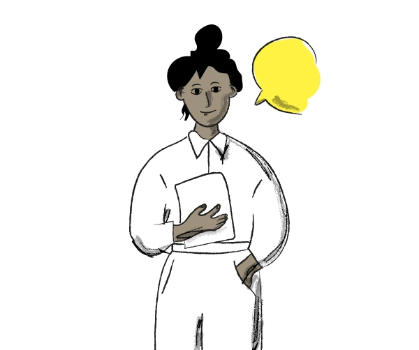 adhesion Illustration représentant une femme debout tenant une feuille avec une bulle façon BD