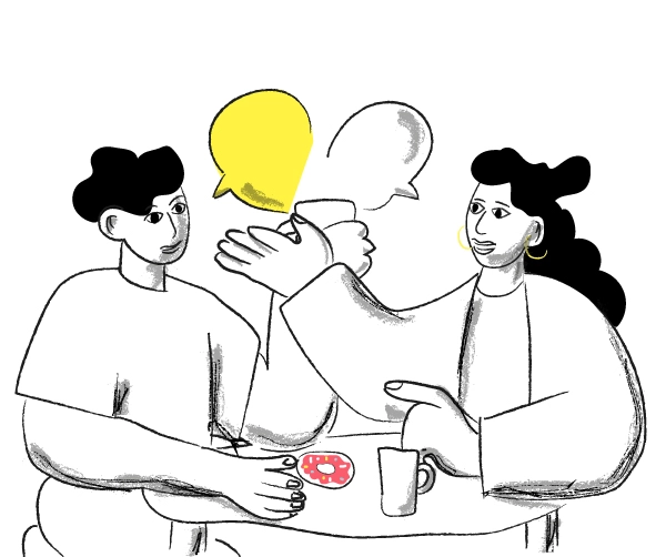 lelieu illustration représentant deux personnes qui bavardent assises à une table
