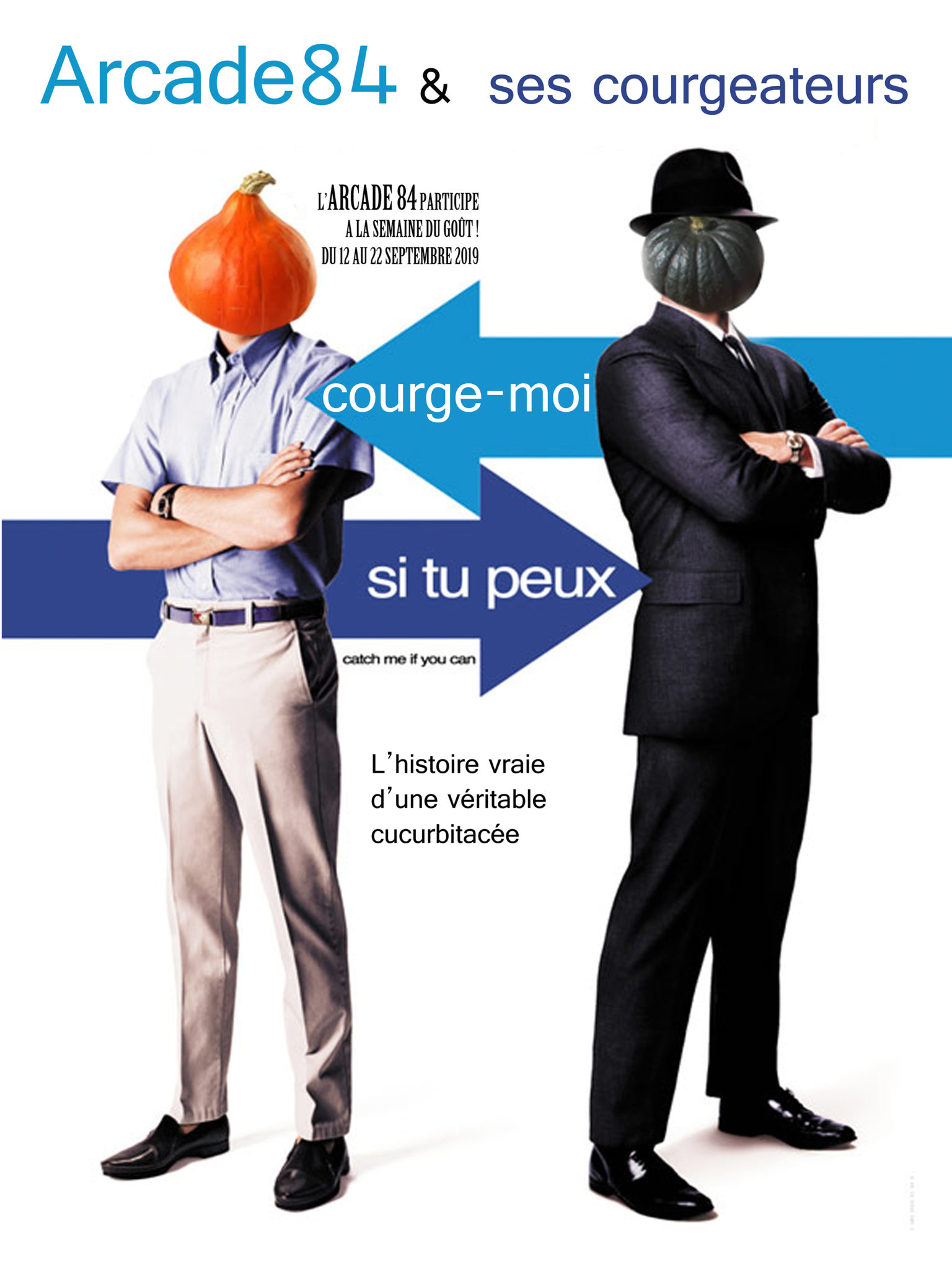 visuel pour la semaine du goût 2019 représentant l'affiche détournée du film Arrête moi si tu peux. Les têtes sont remplacées par des courges